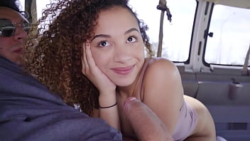 African-American teen with a charming personality gives oral pleasure to well-endowed man and then engages in vigorous sexual activity in a vehicle