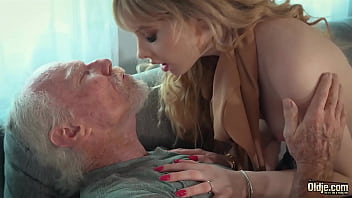 A seductive blonde chokes on an elderly grandfather's penis and pleads for more intense penetration, culminating in him ejaculating into her mouth, which she eagerly swallows