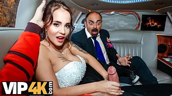 A lucky stranger gets to have sex with a beautiful bride in a luxurious limousine