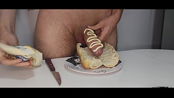 A elated man's mischievous food-themed porn integument featuring a sandwich