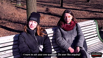 Experience the thrill of a street bet with unknown girls in a public agent scenario