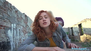 European redhead waitress gives a blowjob and receives doggy style in public