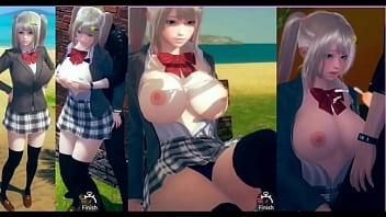 Bright and cheerful AI girl indulges in erotic video (Blonde busty JK with etch) in realistic 3D erotic game (hentai game)